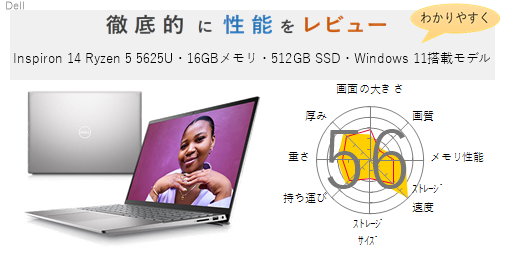 評価57点】Inspiron 14 Ryzen 5 5625U・16GBメモリ・512GB SSD 
