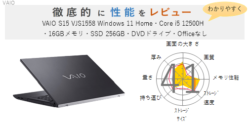 評価47点】VAIO S15 VJS1558 Windows 11 Home・Core i5 12500H・16GB 